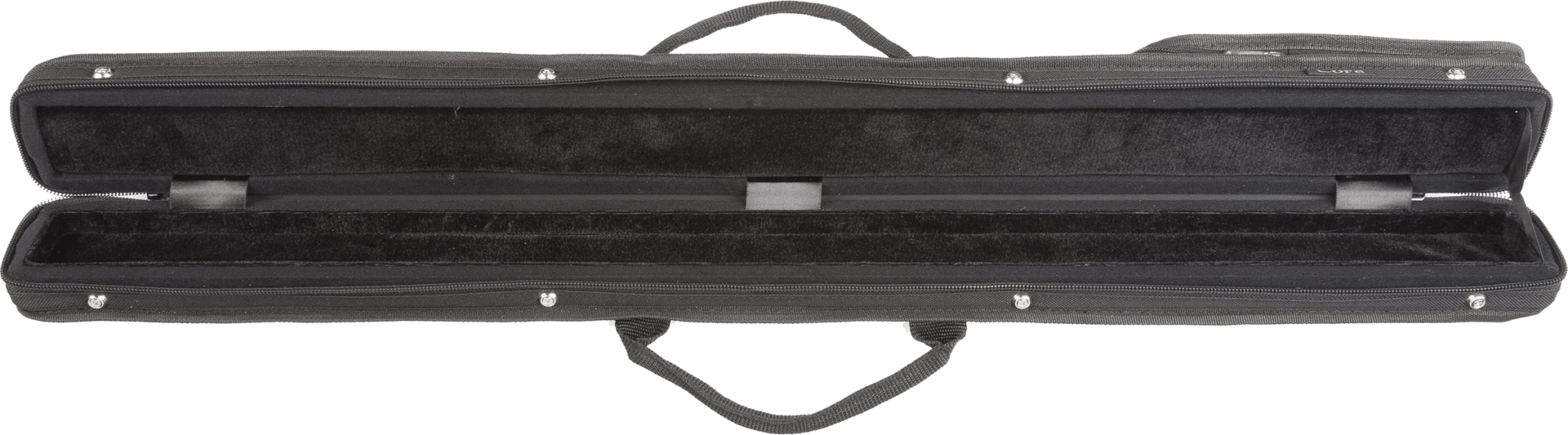 The Howard Core CCB-1 Single Bow Case is shown open and empty. This black, rectangular soft case features a fabric-lined interior and an exterior handle.