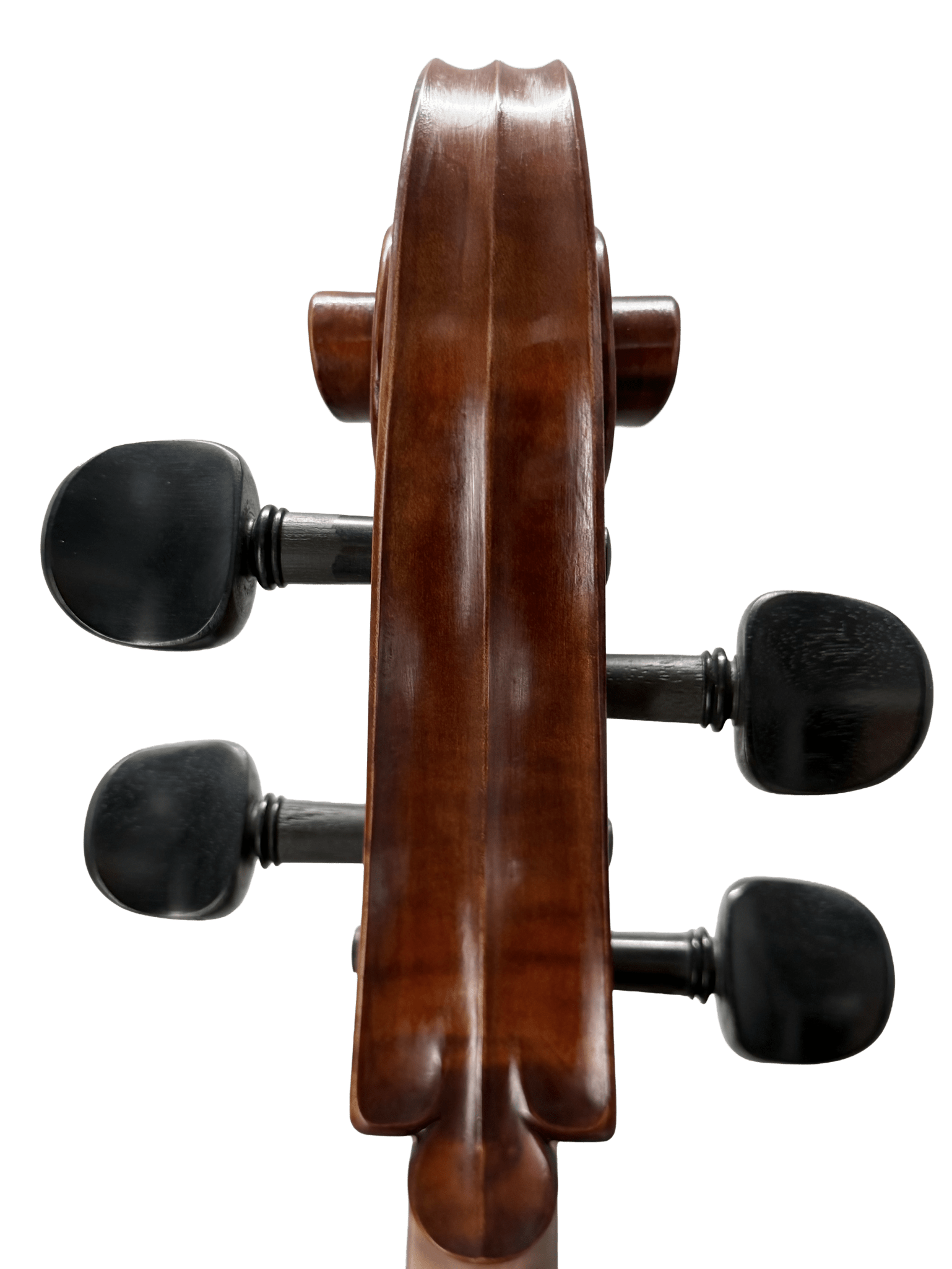 Close-up of a Juzek 303 Cello scroll and four tuning pegs, viewed from the front against a plain white background.