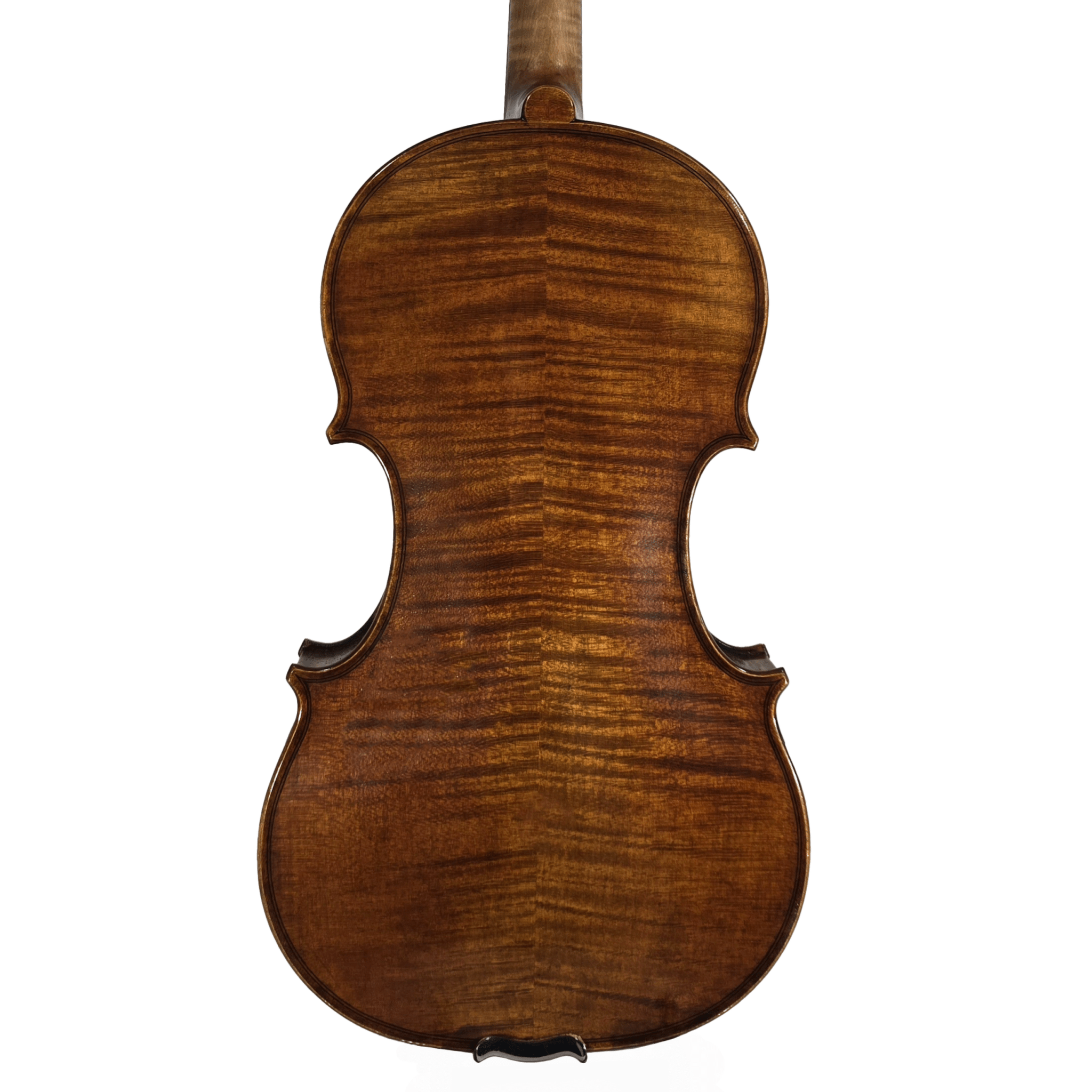 The image shows the back of a Juzek 4/4 Violin Model #135, featuring a rich brown color, distinctive wood grain, and a smooth gloss finish that highlights its fine German craftsmanship.