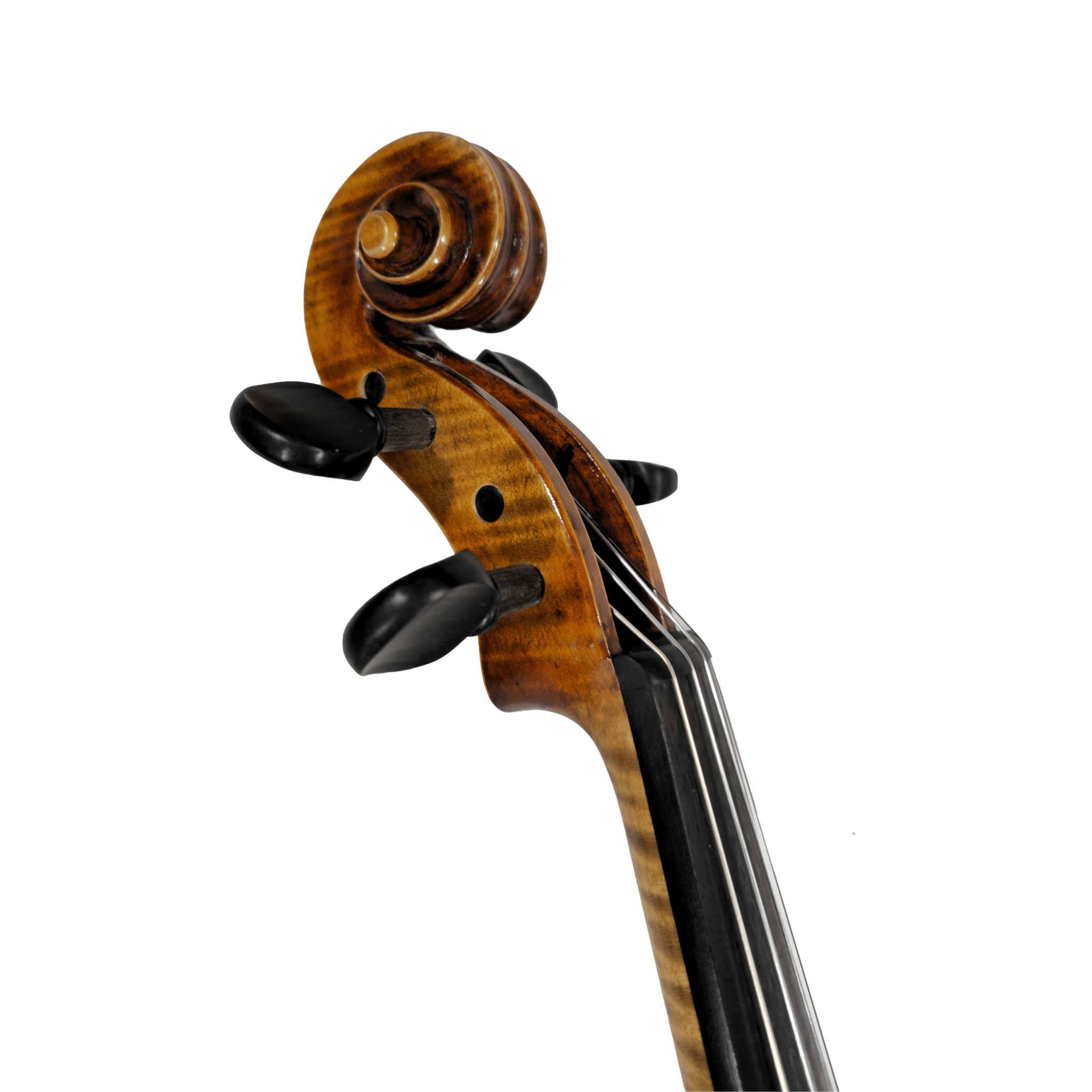 Close-up of the scroll and tuning pegs of a Juzek 4/4 Violin Model #135, featuring a polished brown finish and visible grain patterns, showcasing classic German craftsmanship against a white background.