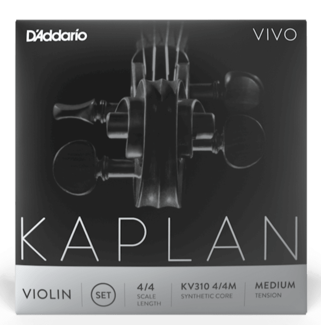 Front view of Kaplan Vivo Violin Strings packaging, showing black-and-white violin tuning pegs and product details that emphasize enhanced projection and bright tone.