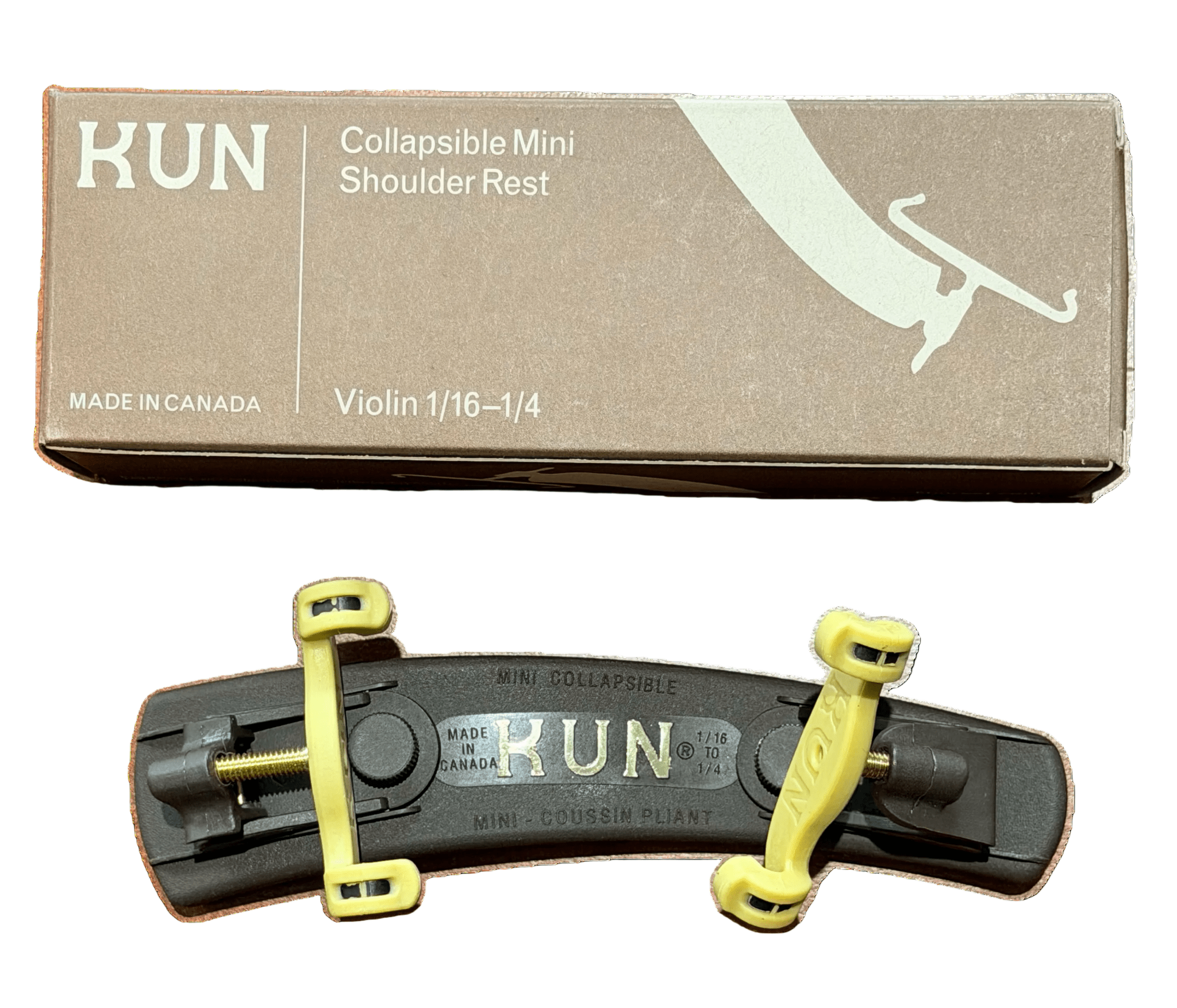 A KUN Collapsible Violin Shoulder Rest for sizes 1/16–1/4 is pictured below its brown box packaging. This comfortable, collapsible shoulder rest is black with yellow fittings and labeled Made in Canada.