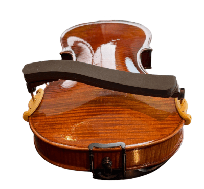 A close-up view of the back of a polished wooden violin showcases a KUN Original Viola Shoulder Rest 15-17" | Adjustable in black, securely attached. The image highlights the glossy finish and natural wood grain.