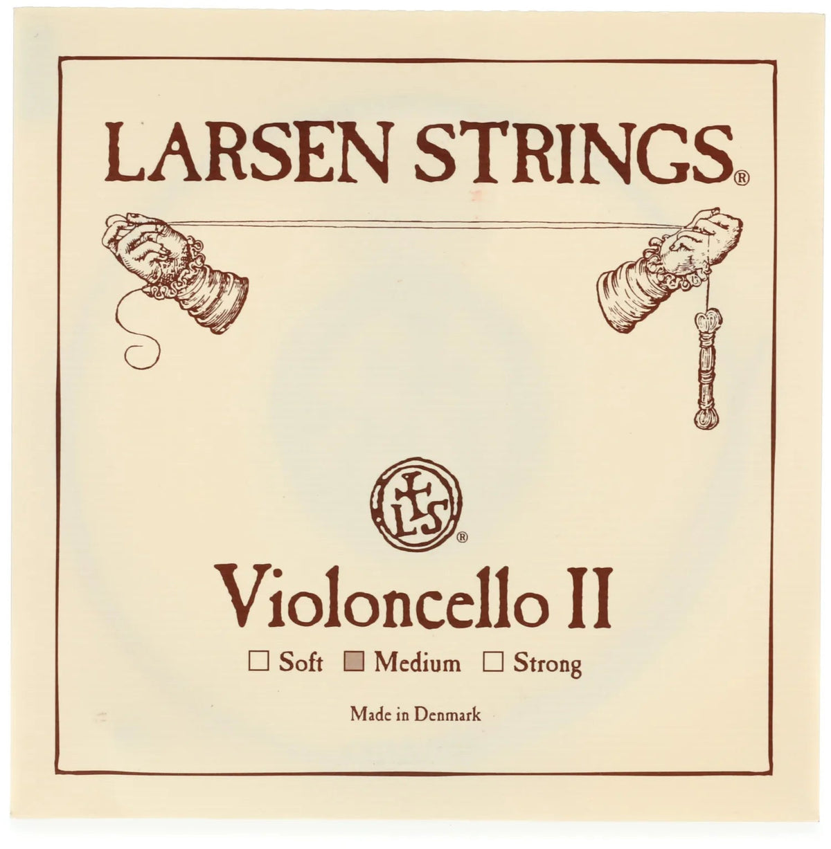 Square envelope for a Larsen Original Cello D String – Medium (4/4), labeled Larsen Strings and Violoncello II, with a checkmark next to the Medium tension option.