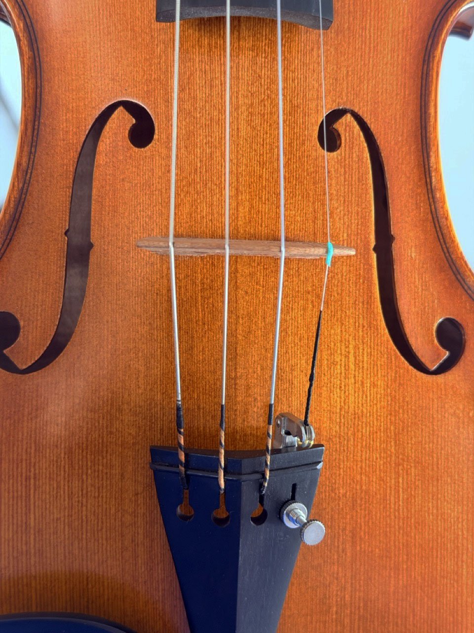 Close-up of the Luce Sebastian Professional Instrument, highlighting its handcrafted quality with visible strings, bridge, tailpiece, and f-holes on a warm brown body made from premium tonewoods.