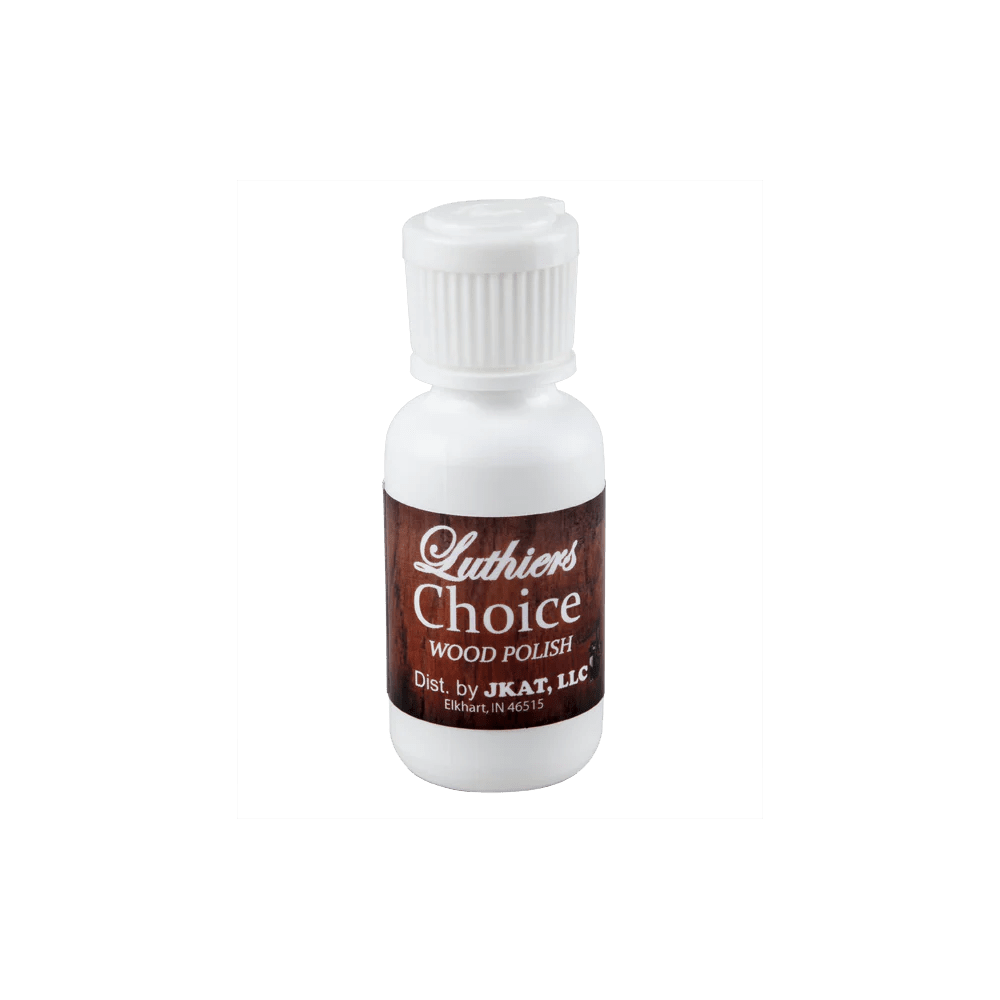 Luthier's Choice Wood Polish comes in a small white plastic bottle with a brown label and white screw cap, designed for cleaning or polishing wood surfaces.