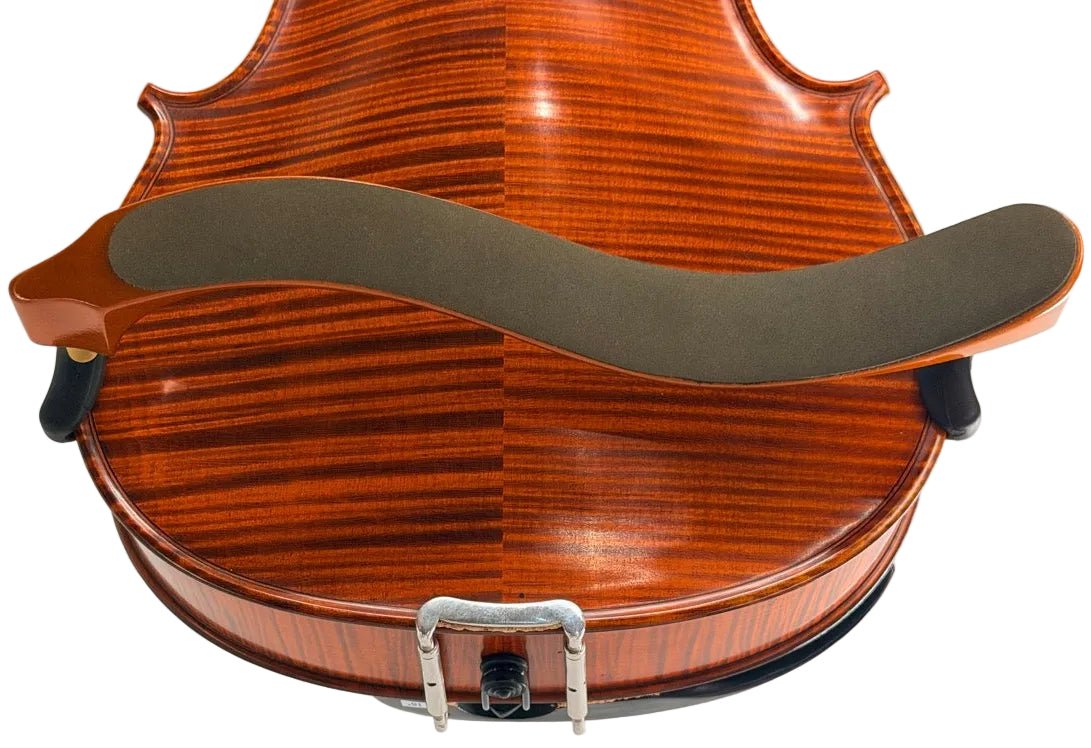 A close-up of the back of a viola showcases the glossy wood grain and elegant curves, featuring the Mach One LB Maple Shoulder Rest – Premium Wooden Viola Support (Large) in black and brown attached.
