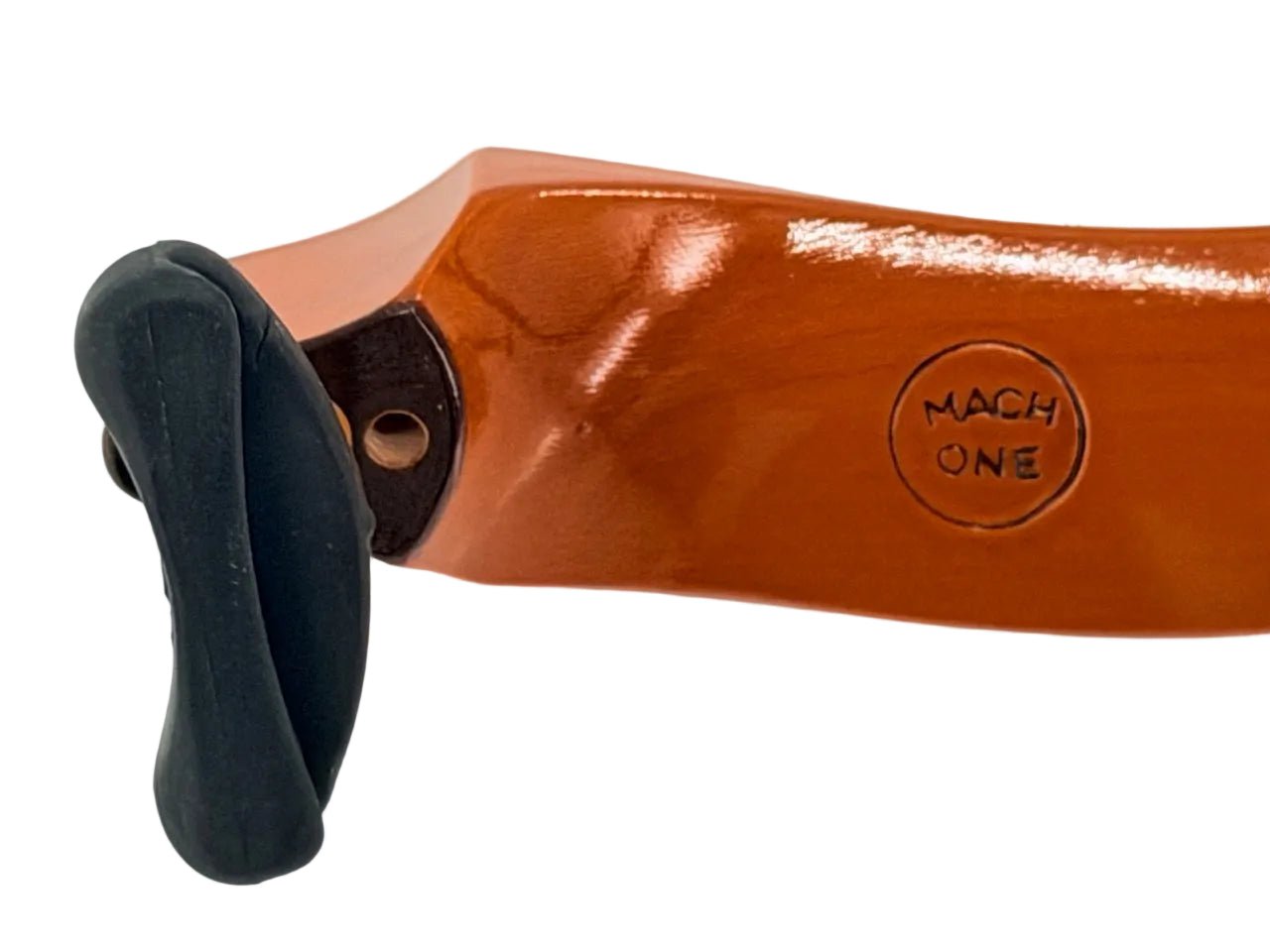 Close-up of the shiny, orange handle with a black rubber end and a circular "MACH ONE" stamp, reflecting the premium quality of the Mach One LB Maple Shoulder Rest – Premium Wooden Viola Support (Large).