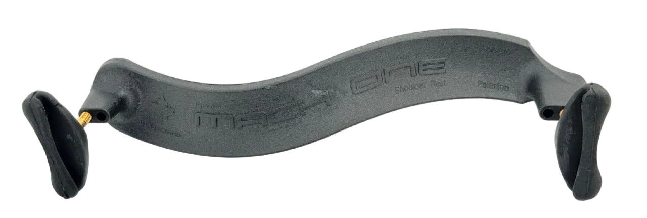 The Mach One M07 Shoulder Rest is a lightweight, contoured plastic model with a rubber surface and padded ends for 4/4–3/4 violins, featuring "Mach One" embossed on it.