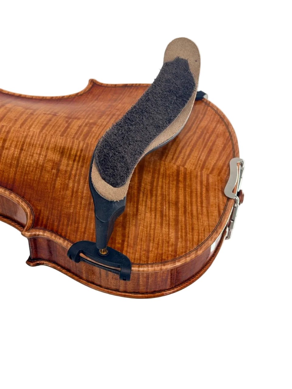 A close-up of the back of a violin features the Mach One MLS Shoulder Rest with Leather Strap (Plastic), a lightweight support for 4/4–3/4 violins, attached and shown against a white background.