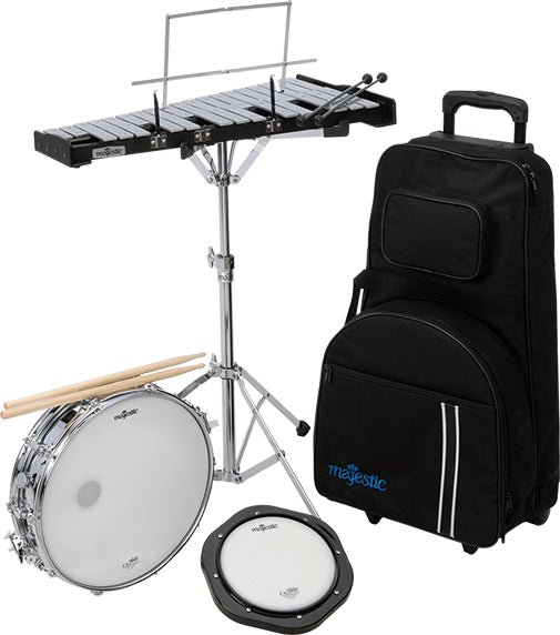 Majestic Backpack Snare & Bell Percussion Kit — 14"x3.5" with Rolling Bag - AAA Band Instrument Rentals