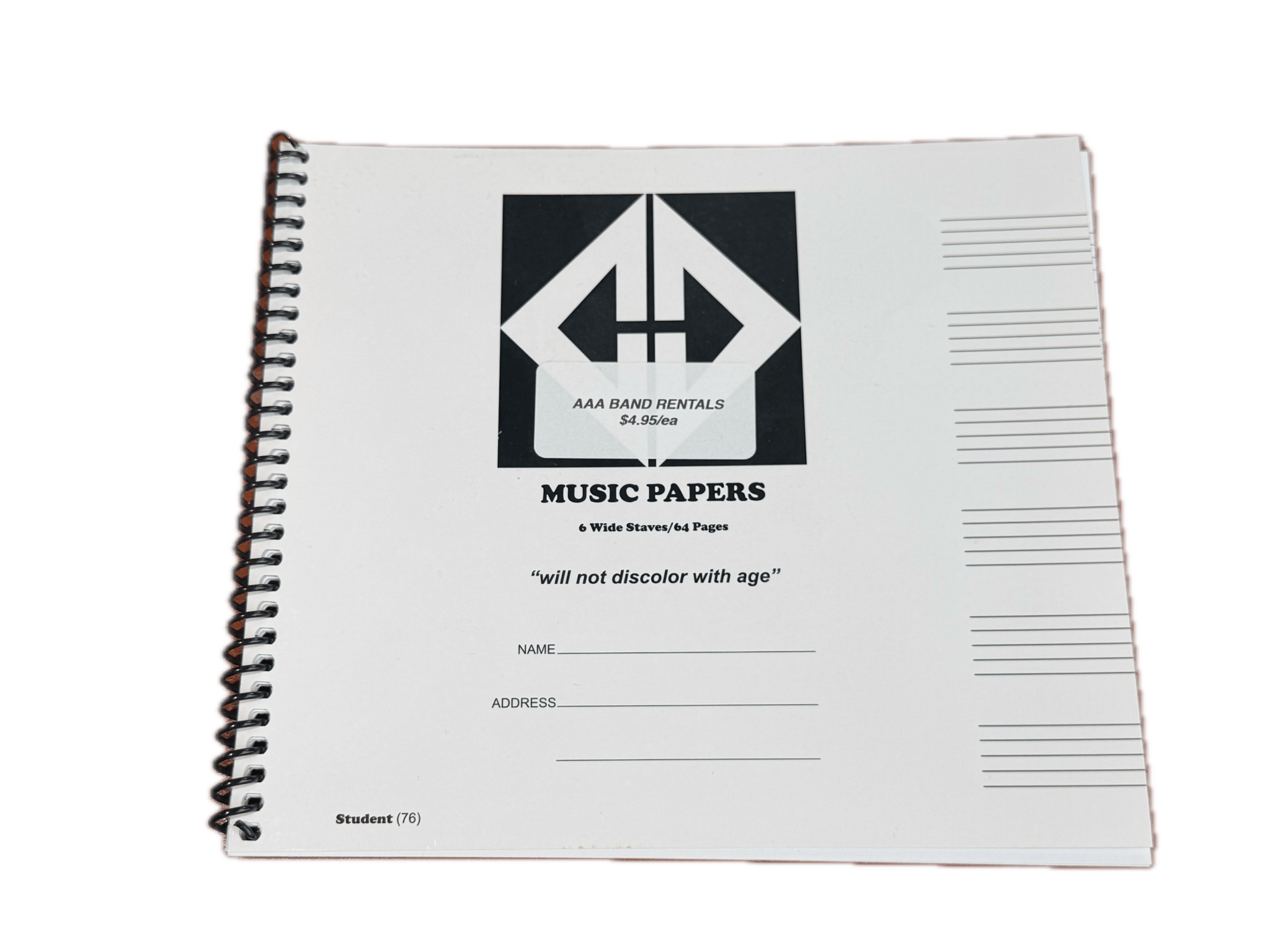 A spiral-bound Manuscript Notebook featuring the Atelier Fine Strings label, with music staves and spaces for name and address on the cover. An ideal addition to essential music supplies, this notebook is designed so that it will not discolor with age.