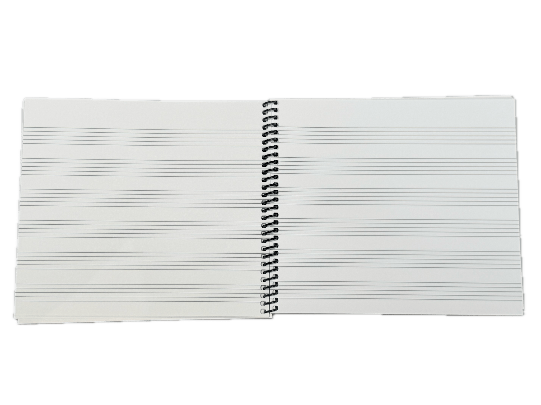 A Manuscript Notebook with an open spiral binding displays blank music staff paper on both pages, ready for writing musical notation—an essential addition to your music supplies collection.