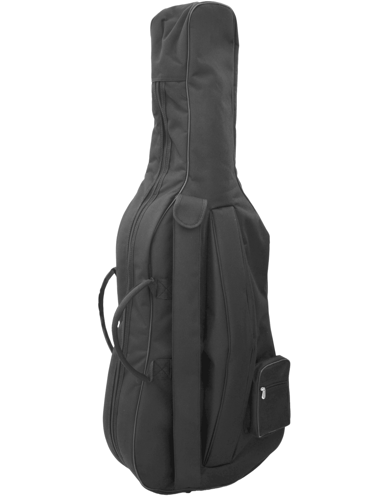 The Maple Leaf Strings Deluxe Cello Bag is a black padded carrying case with a convenient handle and a small exterior pocket, shown standing upright against a plain white background, designed to offer superior protection for your cello.