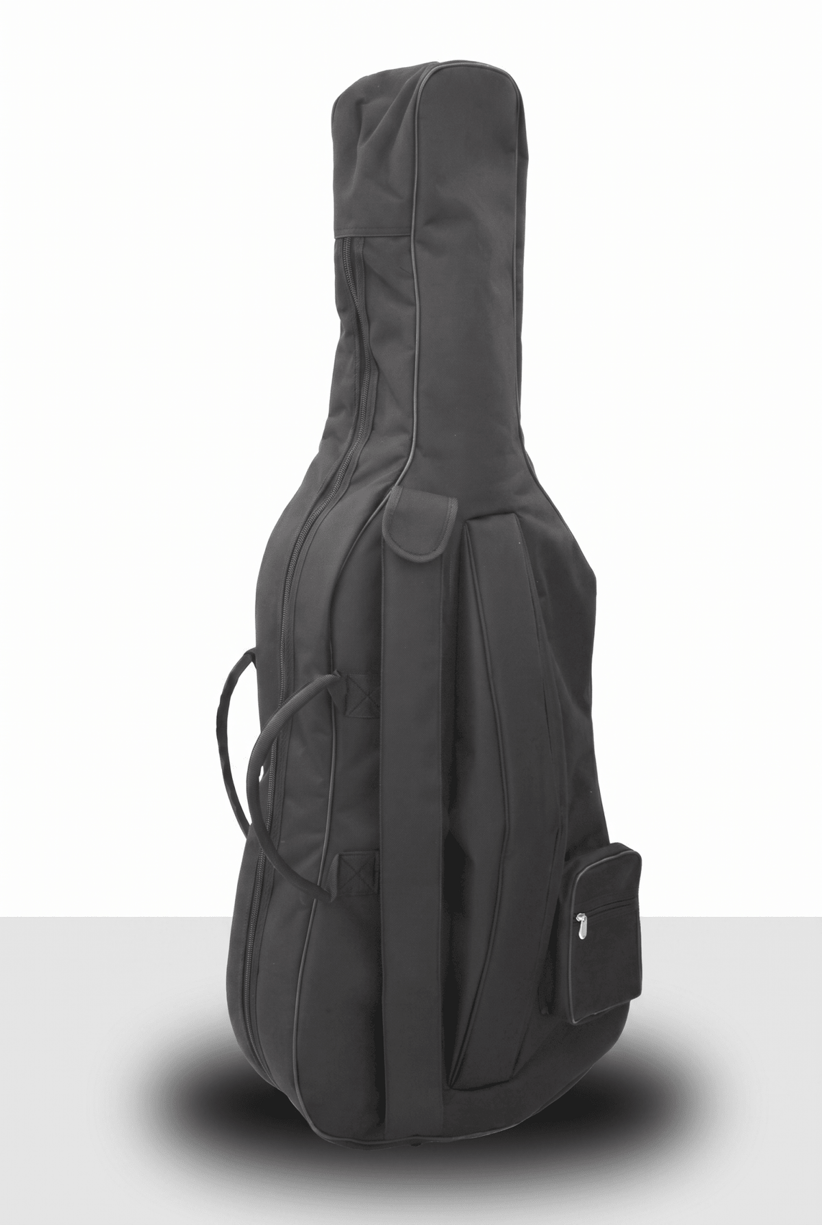 A black Maple Leaf Strings Deluxe Cello Bag stands upright on a gray surface, featuring two handles, a shoulder strap, and a small zippered pocket near the base.