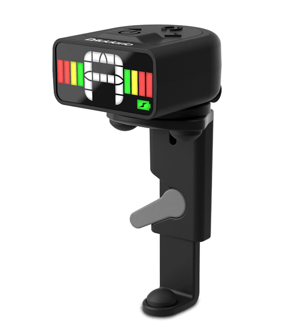 The Micro Rechargeable Viola Tuner, shown in black, features a digital color display with tuning bars and notes and is clipped onto its mounting bracket against a white background.
