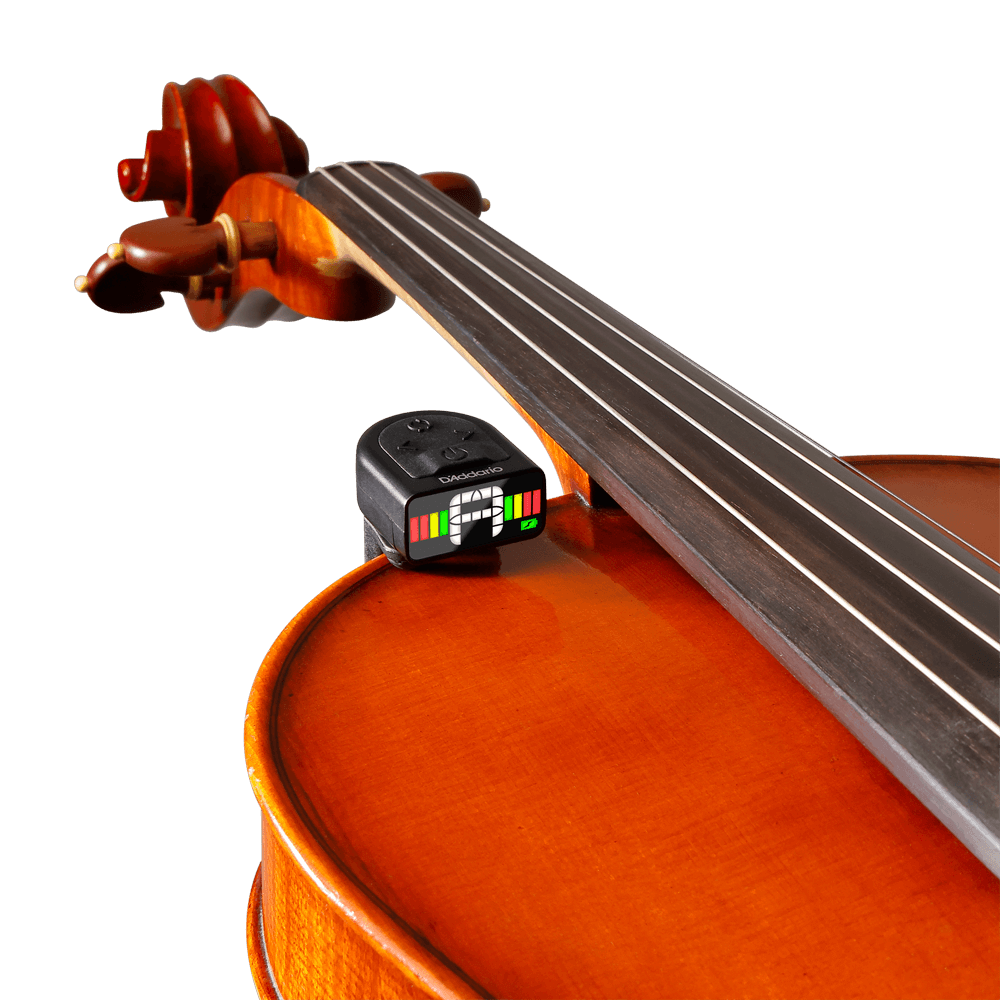 A close-up of a viola with the Micro Rechargeable Viola Tuner clipped to its body, displaying tuning bars and a green light indicating the instrument is in tune.