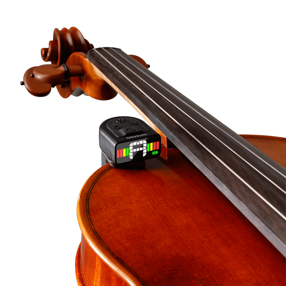 The Micro Rechargeable Violin Tuner is attached to the body of a violin near the fingerboard, featuring tuning bars and red, green, and yellow indicator lights. The violin appears against a plain white background.