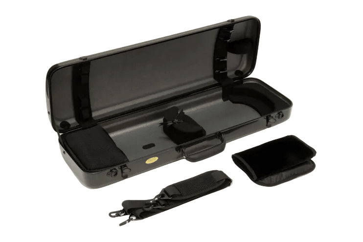 The Mirage CN513 Oblong Viola Case, shown here in black with its hard-shell lid open to reveal a padded interior, is accompanied by a detachable strap and a compact black accessory pouch placed beside the lightweight case.