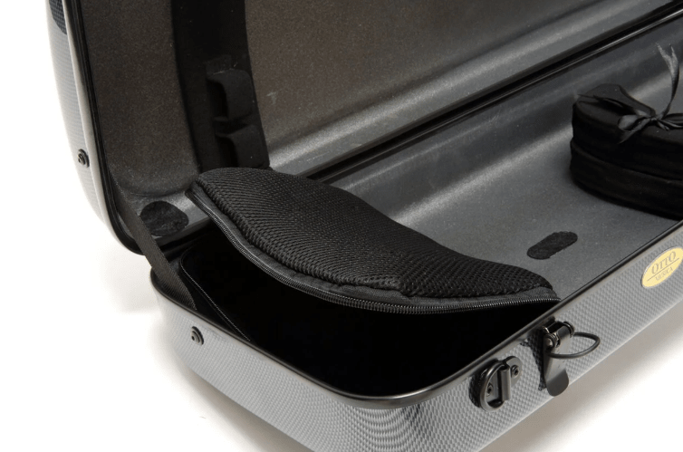 The Mirage CN513 Oblong Viola Case is shown open and partially unzipped, revealing a black mesh pocket inside. Its lightweight design features a textured exterior, a gold-colored oval label, and a handle visible on the right side.