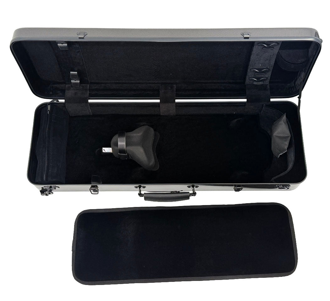 Open Mirage CN513 Oblong Viola Case with a handle, lined with black fabric, containing a single massage gun attachment inside. The lightweight case lid is detached and placed in front.