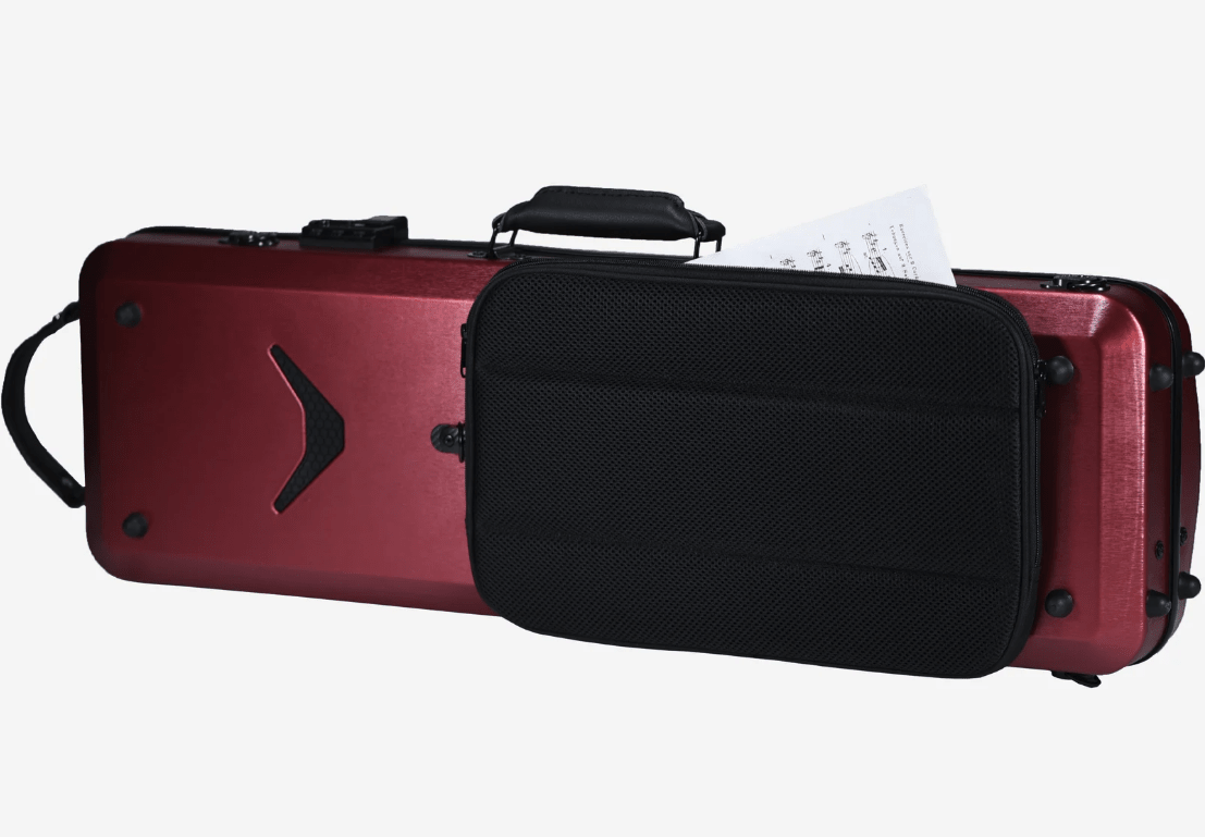The Ironman by Negri! A red hard-shell instrument case with a black textured front zippered pocket, shown on a plain light gray background.