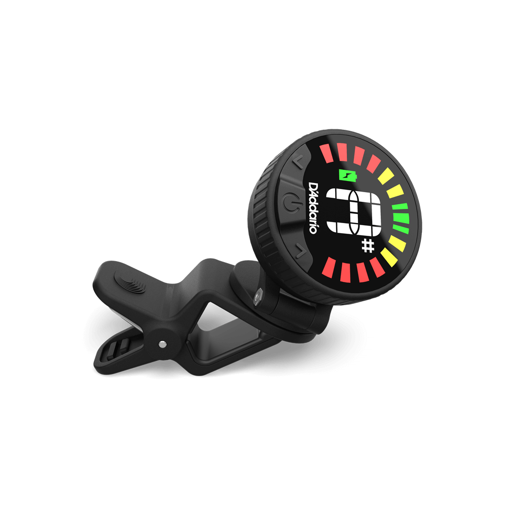A black Nexxus 360 Cello & Bass Rechargeable Tuner with a colorful digital display showing tuning information, attached to a plastic clip on a white background.