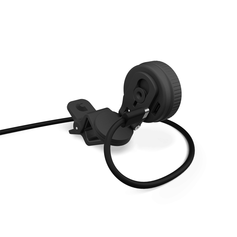 A black clip-on microphone with a wired connection and circular head features an adjustable clip. It pairs seamlessly with the Nexxus 360 USB Rechargeable Tuner, shown against a plain white background.