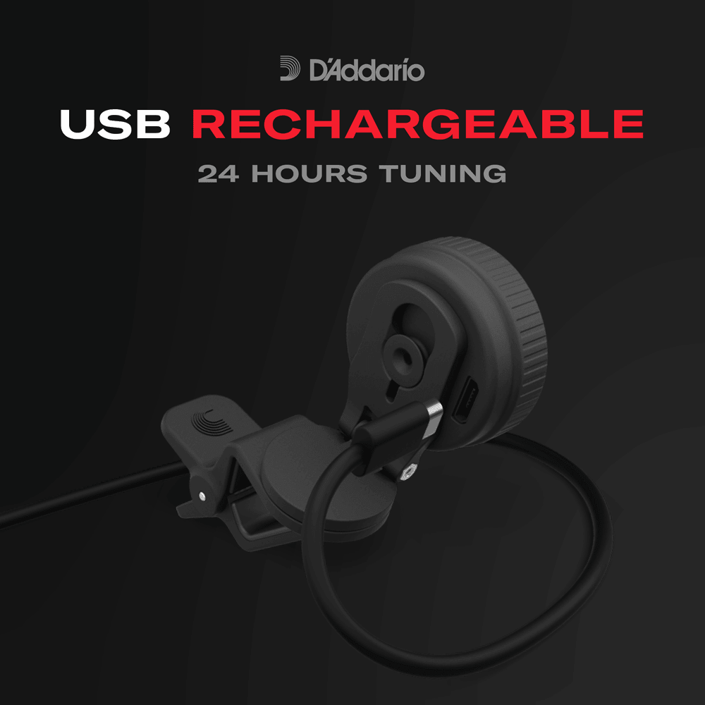 A Nexxus 360 Violin Rechargeable Tuner is shown clipped to a surface with its charging cable connected. Text reads: USB RECHARGEABLE 24 HOURS TUNING. The tuner features a bright, 360-degree LED display for clear visibility from any angle.