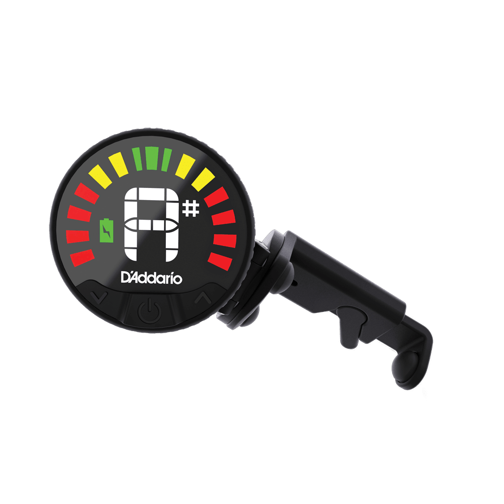 The Nexxus 360 Violin Rechargeable Tuner features a vibrant 360-degree LED display that shows tuning status, with red and yellow side bars and green bars at the top to indicate pitch accuracy.