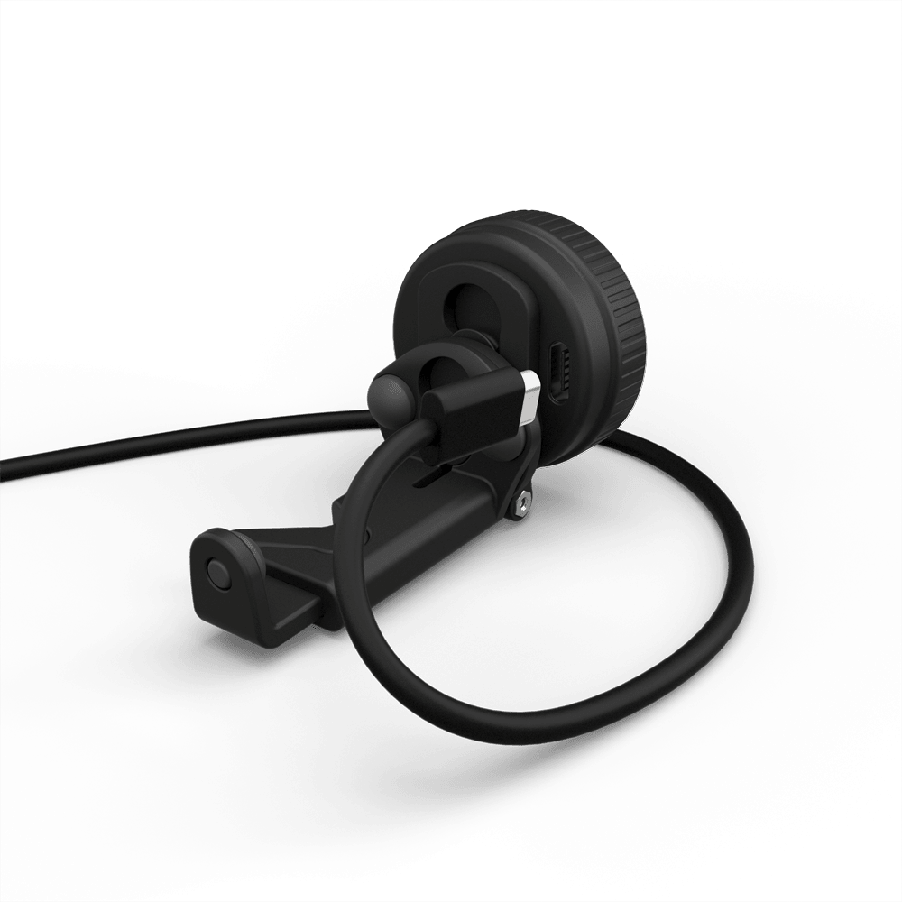 The Nexxus 360 Violin Rechargeable Tuner—a black electronic device featuring a round dial, attached cable, clamp-like component, and a 360-degree LED display—is shown on a plain white background.