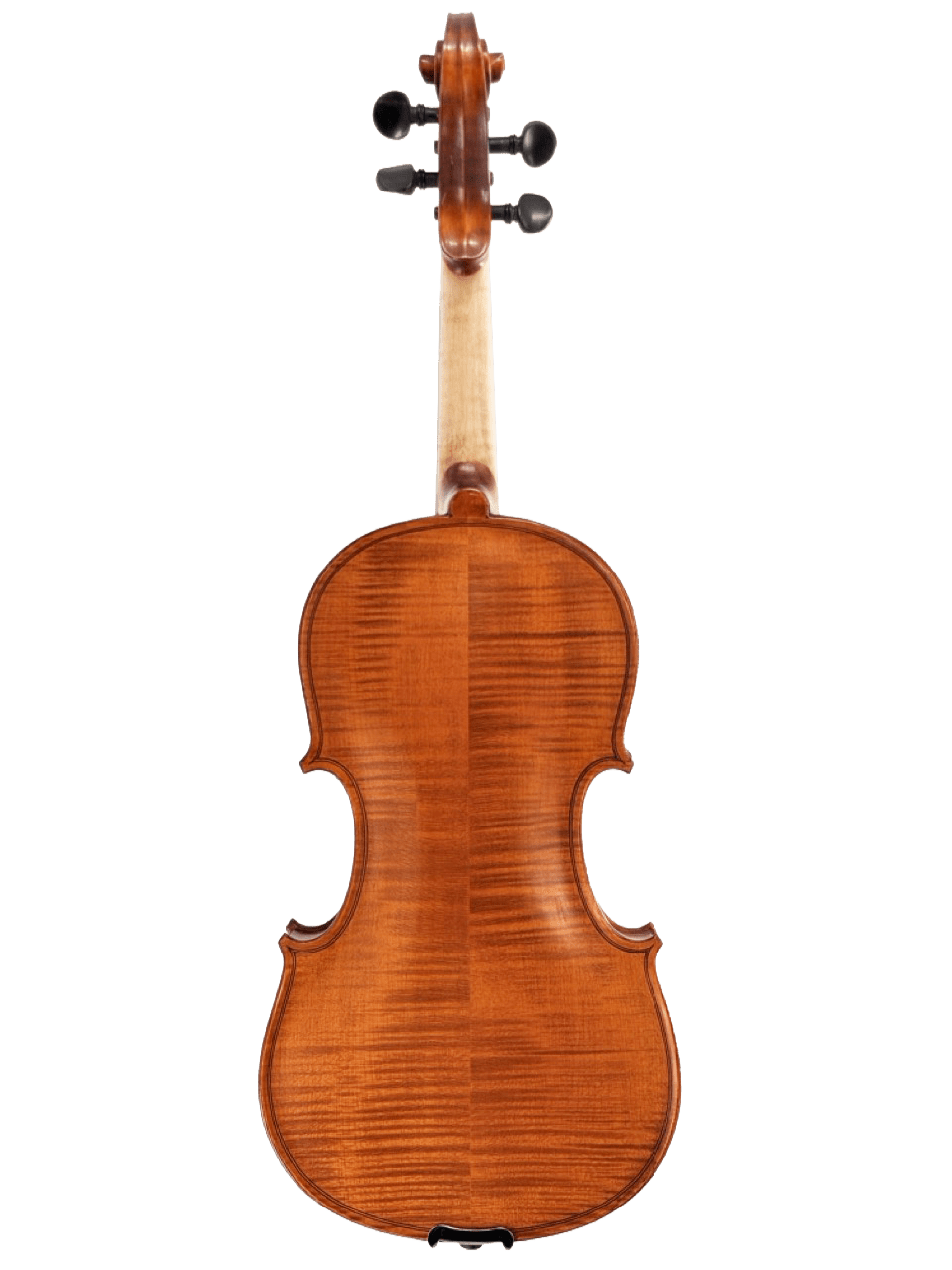 The Octav Mures Romanian Intermediate Violin—Professionally Set Up by Atelier—is shown from the back, highlighting its polished wooden body with striped grain, smooth finish, and detailed neck, scroll, and tuning pegs.