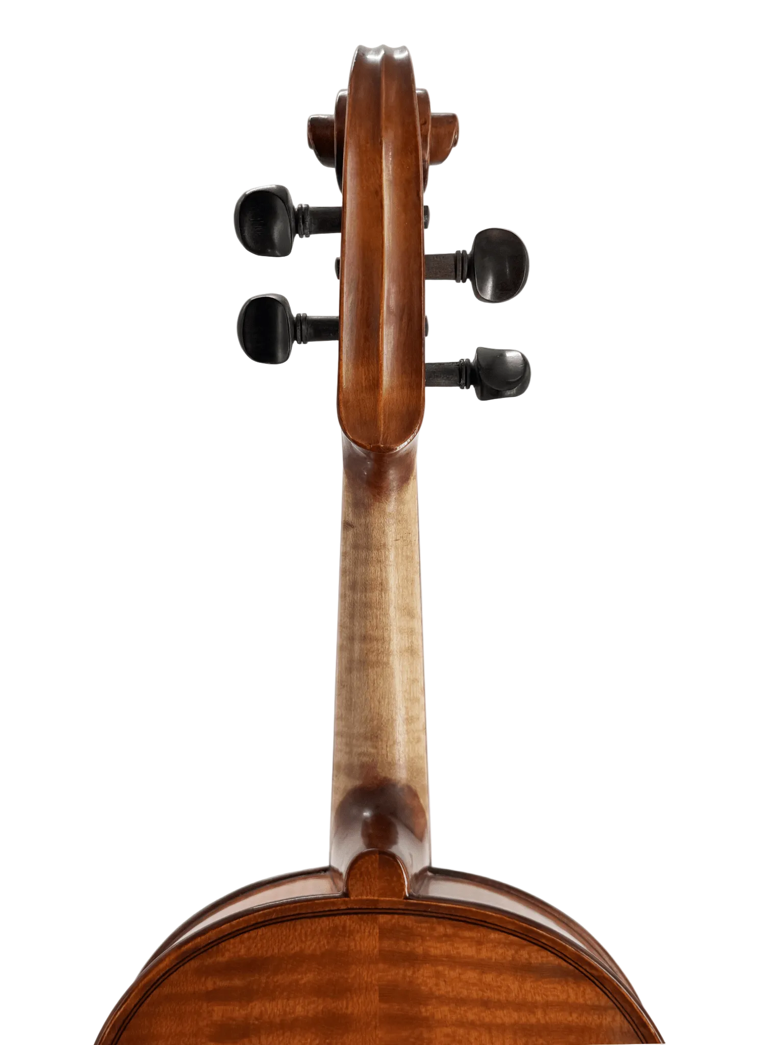 Close-up of the Octav Mures Viola’s back, highlighting tuning pegs, scroll, neck, and body—crafted from Carpathian tonewoods—set against a plain white background.