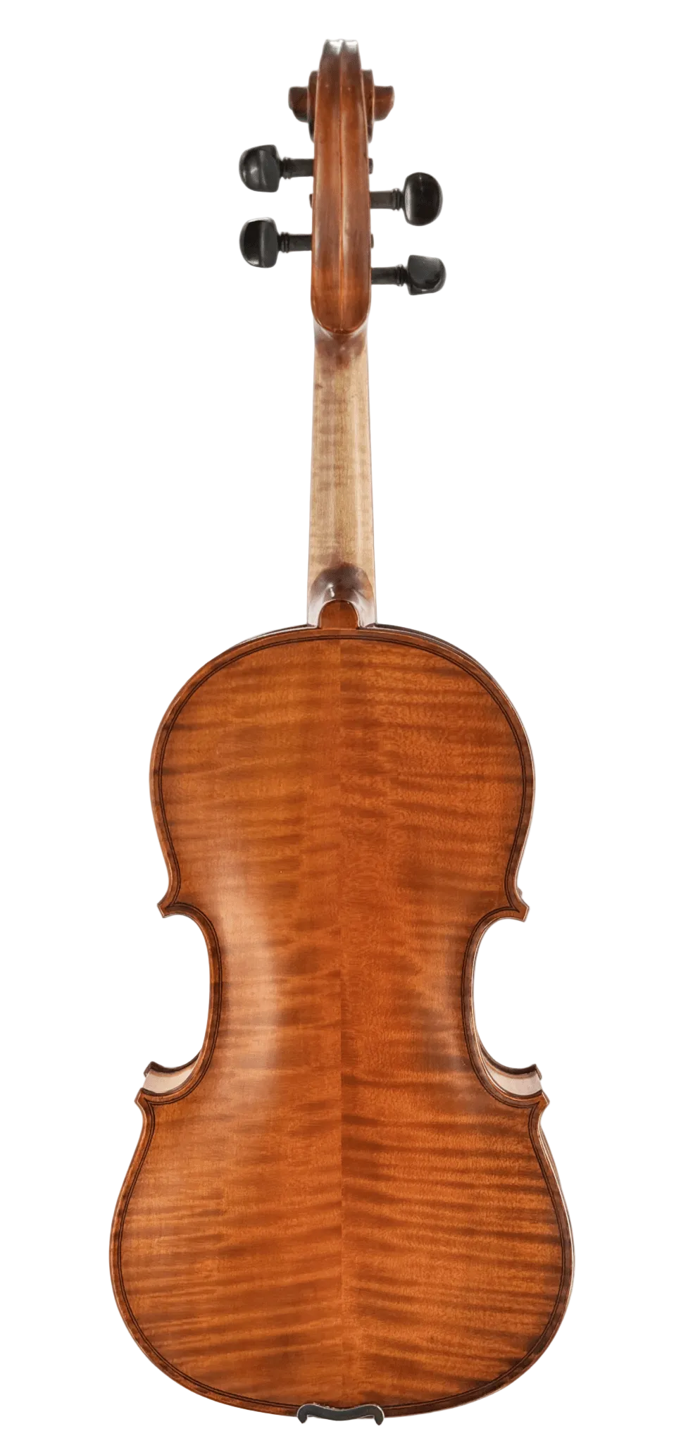 The Octav Mures Viola is shown from the back, displaying its polished Carpathian tonewoods, curved edges, and neck on a plain white background—a showcase of fine stringed craftsmanship.