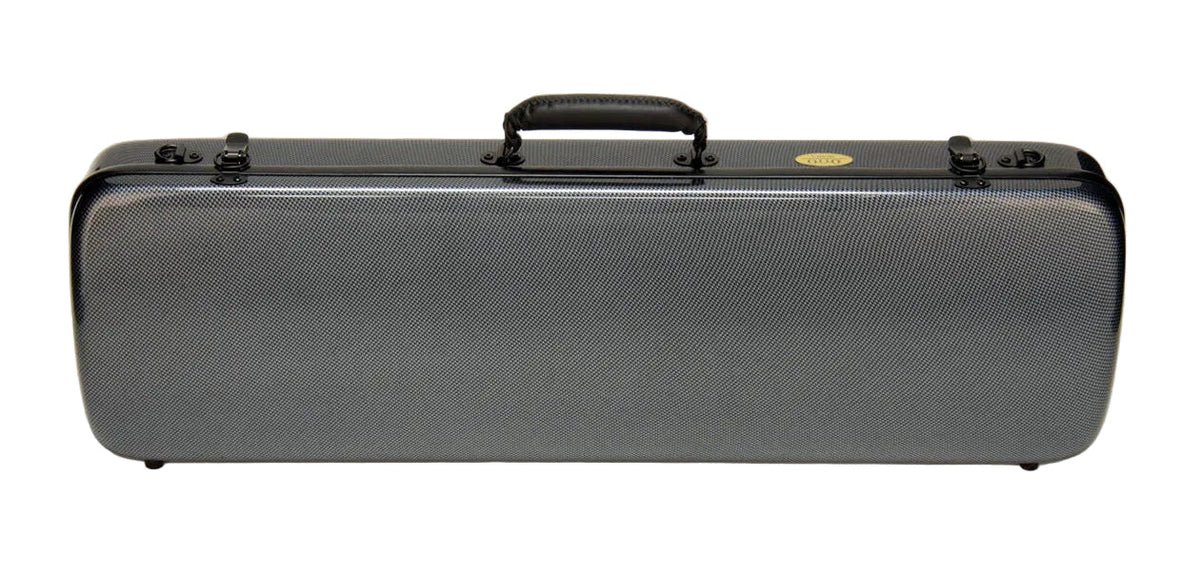 The Otto Musica Mirage CN-512 Oblong Violin Case is a closed, rectangular, hard-shell carbon-hybrid case featuring a textured gray surface, black handle, and metal latches, shown against a plain white background.