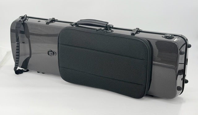 The Otto Musica Mirage CN-512 Oblong Violin Case, made from lightweight hard-shell carbon fiber, is displayed against a plain white background. Featuring a sturdy handle and an attached exterior zippered pouch, this protective case combines durability with sleek design for musicians on the go.
