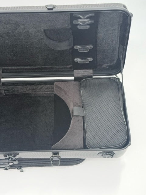 The Otto Musica Mirage CN-512 Oblong Violin Case features a carbon-hybrid shell with a soft, padded interior, mesh compartment, and adjustable straps inside. Displayed on a white surface, this case offers lightweight protection for your violin.