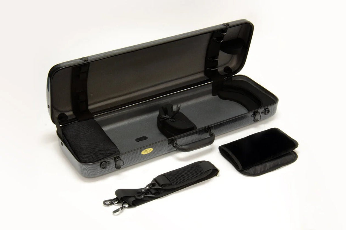The Otto Musica Mirage CN-512 Oblong Violin Case in black carbon-hybrid is open, revealing its soft interior. Next to this lightweight case are a detachable strap, a small accessory pouch, and a rectangular padded cover, all displayed on a white background.