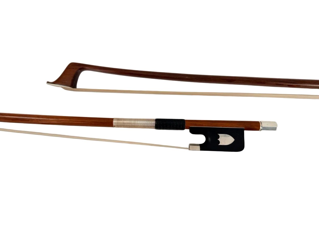 Pernambuco cello bow, silver mount with shield on ebony frog