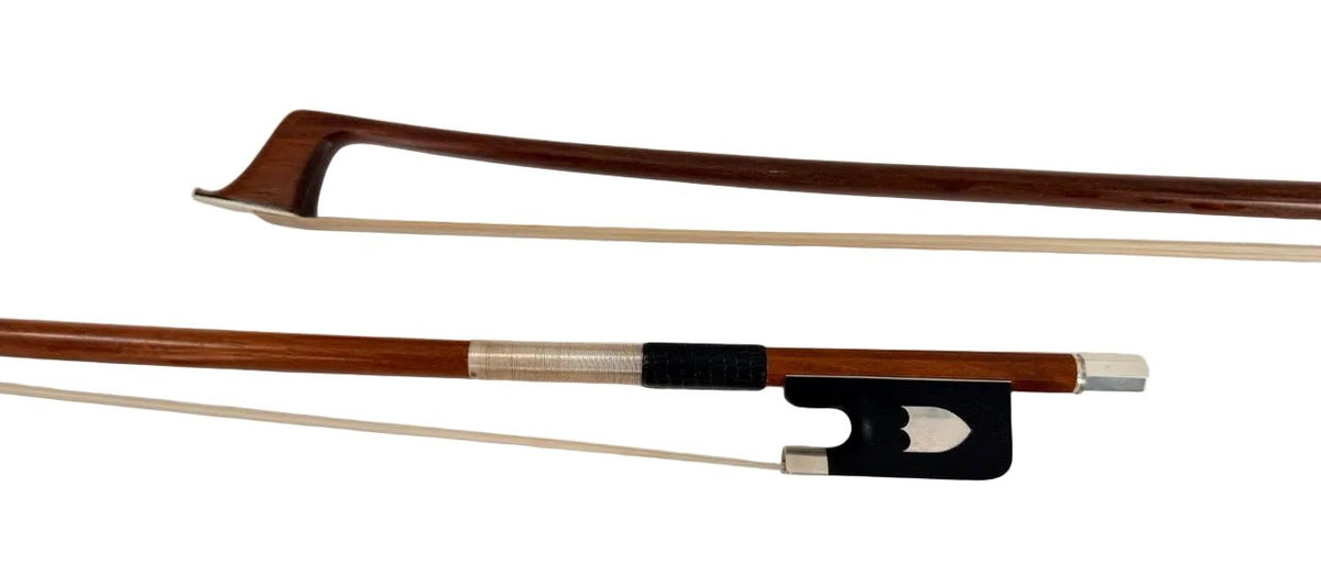 Pernambuco cello bow, silver mount with shield on ebony frog
