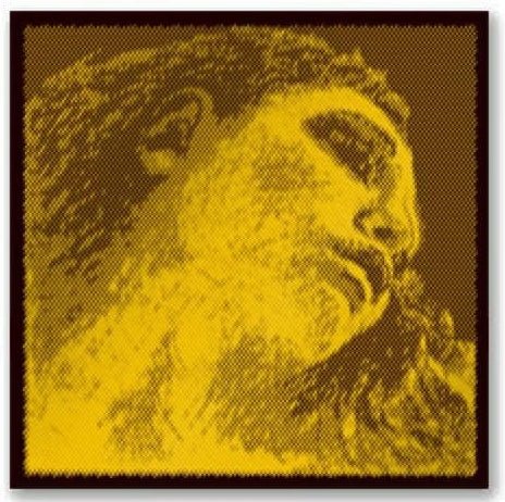 A sepia-toned, close-up illustration of a person’s face in a stippled style with a yellow-brown palette—reminiscent of the fine detail seen on a Pirastro Evah Pirazzi Gold Violin E-String.