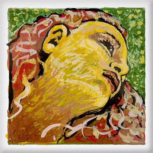 A vivid portrait of a face tilted upward with curly hair, yellow and red hues, and a green textured background—echoing the dynamic spirit of Pirastro Evah Pirazzi Neo Violin Strings – Full Set (4/4).