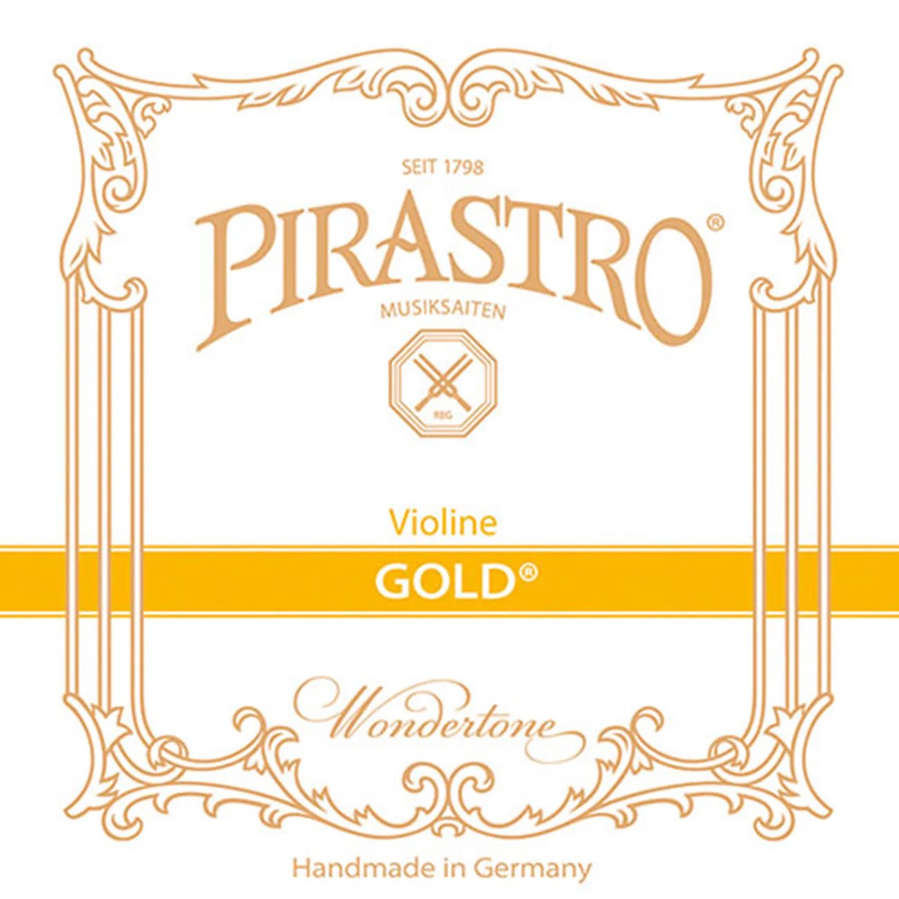 Elegant packaging showcases the Pirastro Gold Label Violin E String, featuring "Gold," "Violine," and "Handmade in Germany" in gold on white—ideal for steel violin string enthusiasts seeking premium craftsmanship.
