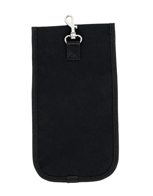 The Pouch for Shoulder Rest is a black fabric accessory featuring a metal clip at the top, perfect for attaching to belts or bags. Designed with rounded bottom corners and a straight top edge, this instrument case accessory offers convenient storage and portability for your shoulder rest.