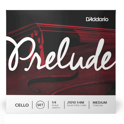 The Prelude Cello Strings - Medium set packaging shows a close-up cello in red tones with bold white "Prelude" text and notes steel core, medium tension strings at the bottom.