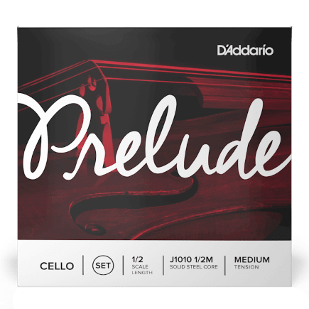The Prelude Cello Strings - Medium package displays “Prelude cello strings” in large script over a cello image, and highlights 1/2 size, steel core construction, and medium tension.
