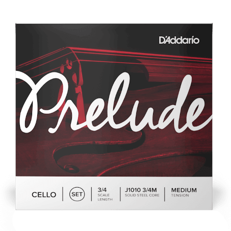 Front view of Prelude Cello Strings - Medium packaging, showing bold white Prelude script over a red-toned cello image. Packaging indicates steel core and 3/4 scale with medium tension.
