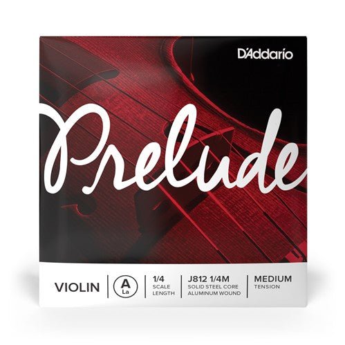 The image displays a D'Addario Prelude Violin A String – Medium Tension package for 1/4 violins, featuring a close-up of a red violin and text: "Prelude," "Violin 1/4," "J812 1/4M," "Steel Core," and "Aluminum Wound.