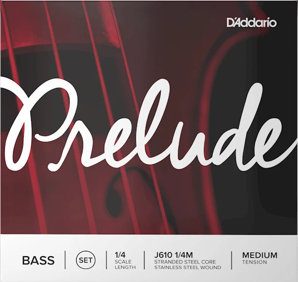 Close-up of D’Addario Prelude Double Bass String Set – Medium Tension packaging, showcasing a red and black background with bold Prelude script, product details, and the D’Addario brand logo in the top right corner.