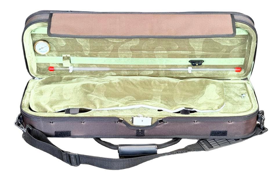 The Premium Lightweight Fractional Violin Case – 1/4 & 1/2 Size features a brown exterior, green cushioned interior, carrying strap, and a small round dial in the corner, designed to securely hold and transport 1/4 and 1/2 size violins.